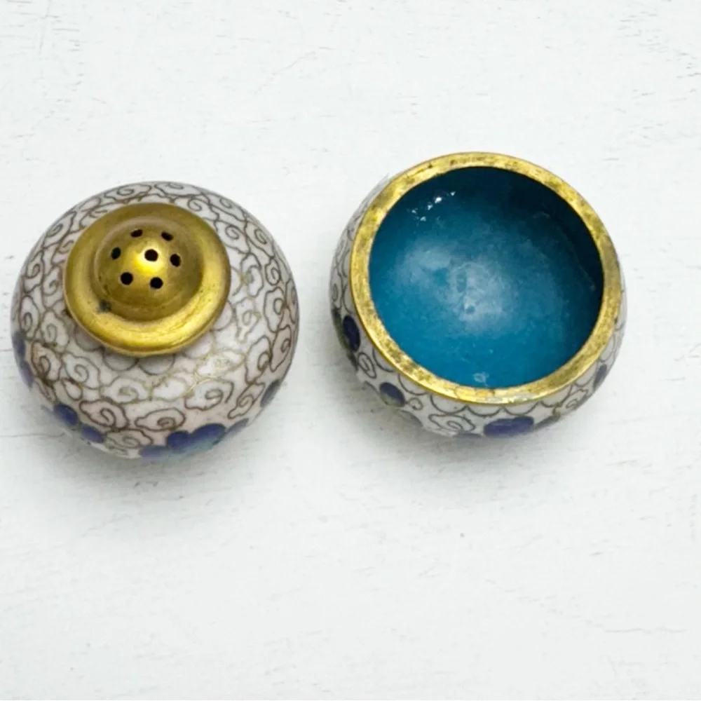 Blue Floral Cloisonné Salt and Pepper Shaker Cellar Vintage Stackable Brass